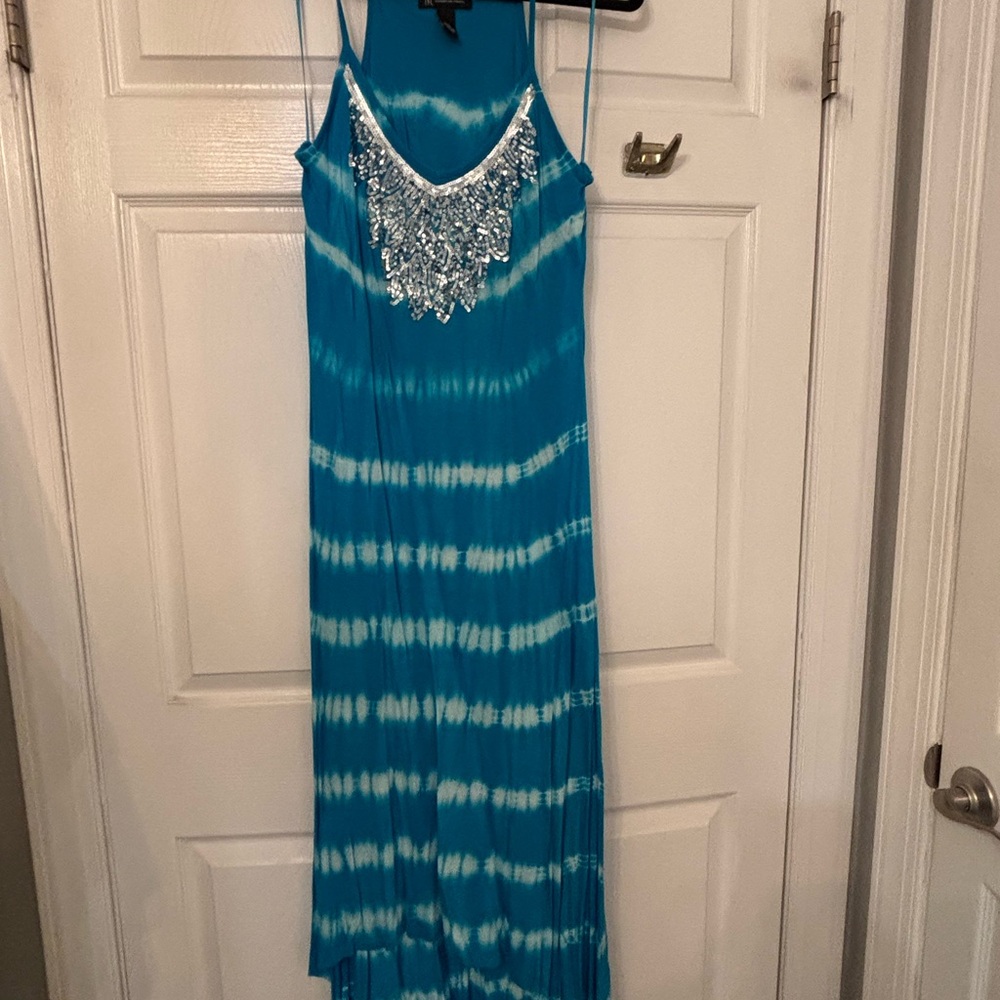 INC Teal Blue Tie-Dye Maxi Dress with Silver Embellishments L
